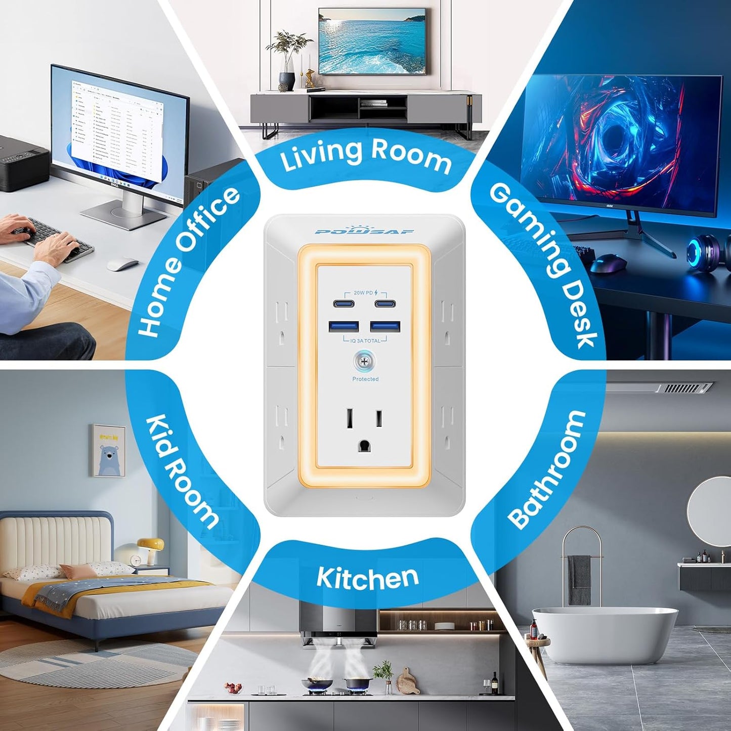 9-in-1 Multi-Plug Outlet Extender with 4 USB Ports & Smart Night Light