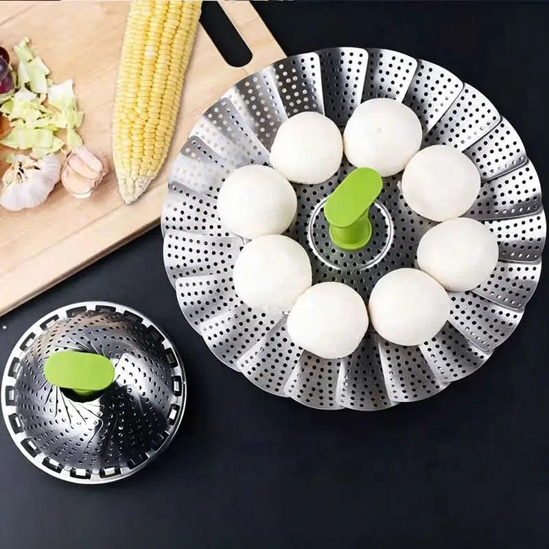 Universal Foldable Stainless Steel Vegetable Steamer Basket with Extendable Handle