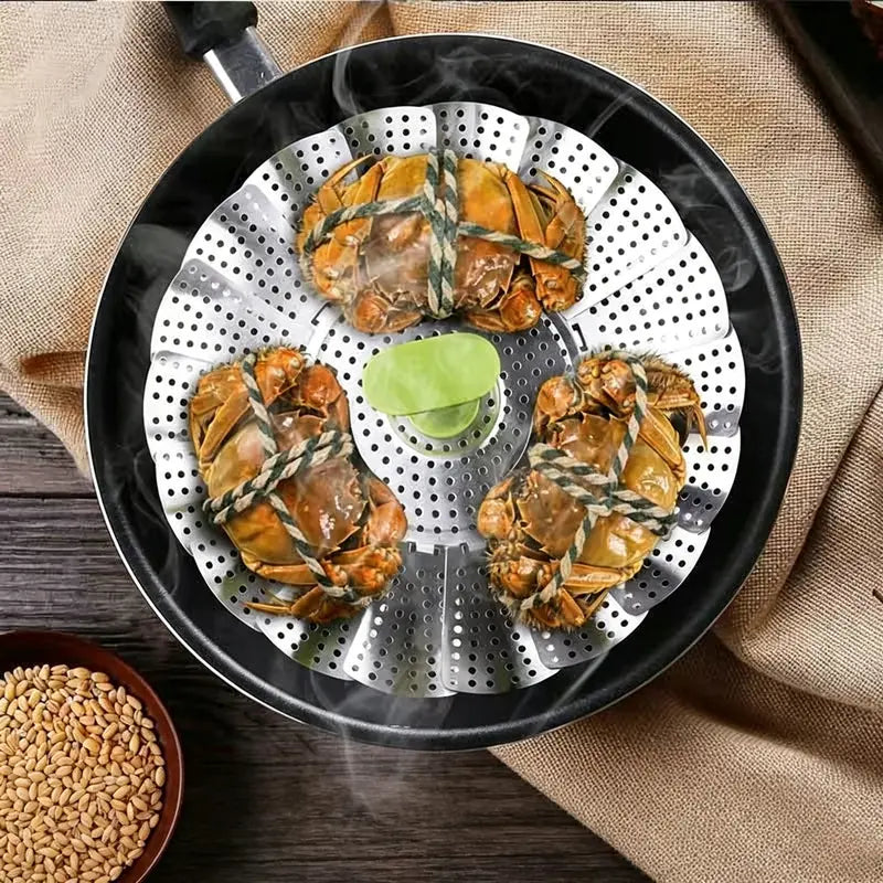 Universal Foldable Stainless Steel Vegetable Steamer Basket with Extendable Handle