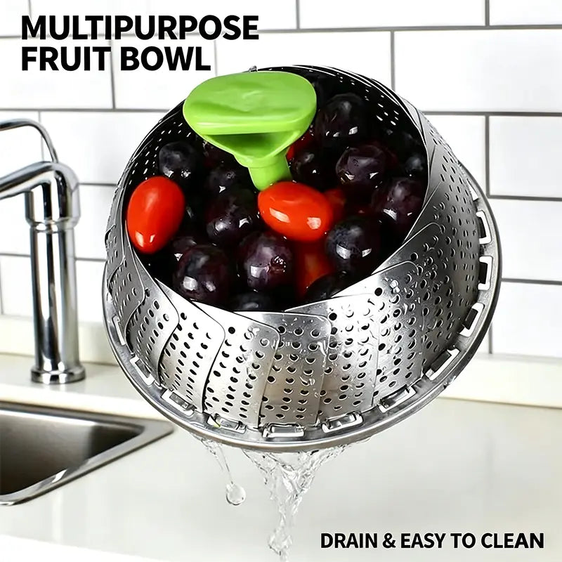 Universal Foldable Stainless Steel Vegetable Steamer Basket with Extendable Handle