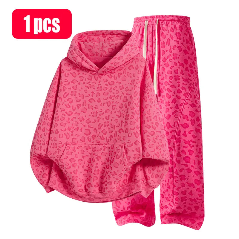 ZUY Leopard Hoodie & Wide-Leg Pants Set β Rose red