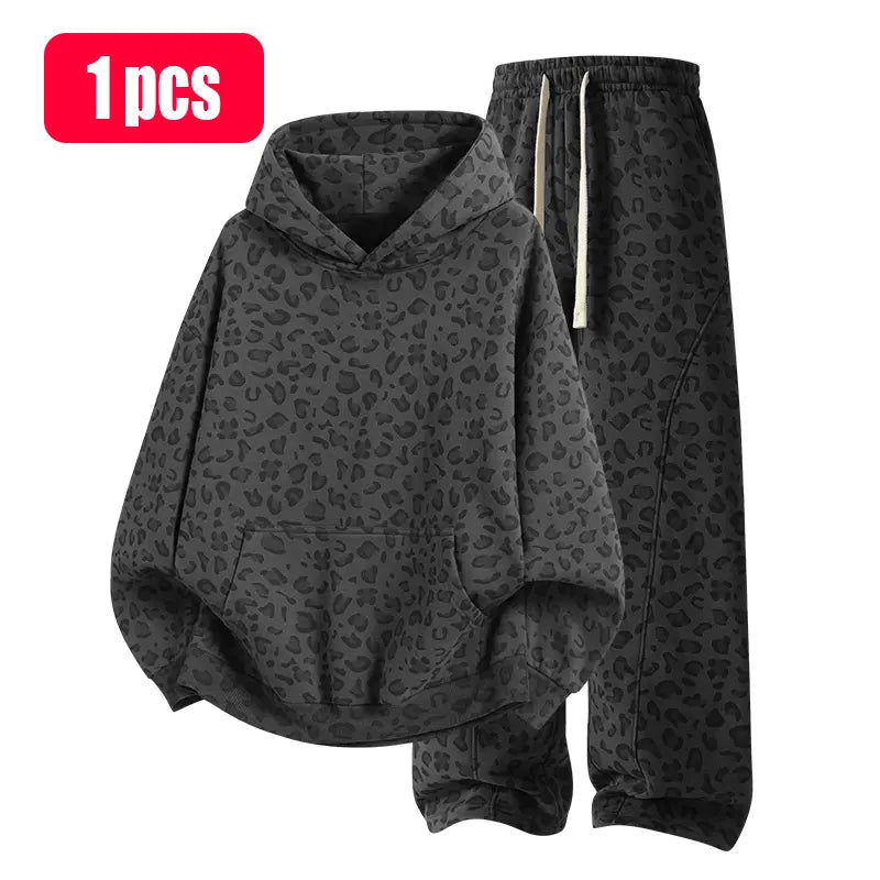 ZUY Leopard Hoodie & Wide-Leg Pants Set β Dark gray