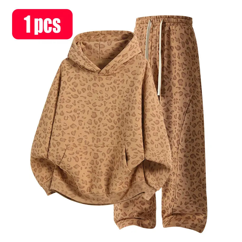 ZUY Leopard Hoodie & Wide-Leg Pants Set β Khaki