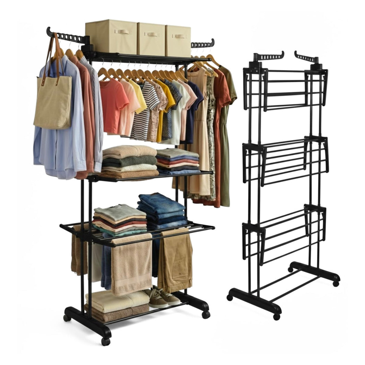 Straame 4-Tier Winged Clothes Airer with Wheels - Black