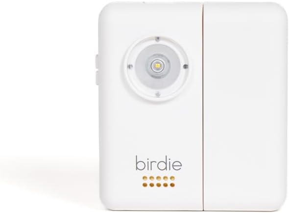 Compact white square personal safety alarm with a circular LED light\/flashlight on the front, the word 'birdie' printed in lowercase, and a row of small gold dots below the text. A vertical seam divides the device.