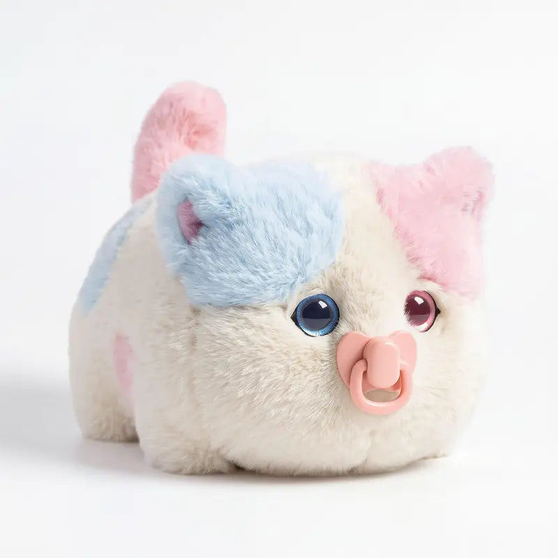 Interactive Fluffy Cat Plush with Magnetic Pacifier – Pink