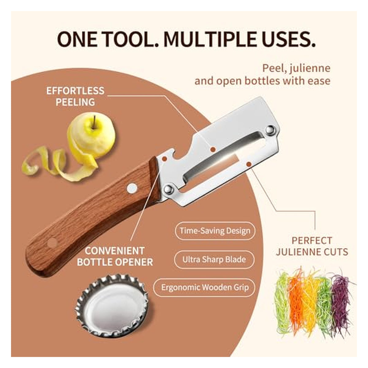 Promotional infographic for a multi-use kitchen peeler with a wooden handle and stainless steel blade. Text highlights effortless peeling, bottle opener function, and julienne cuts. Features include time-saving design, ultra-sharp blade, and ergonomic wooden grip.