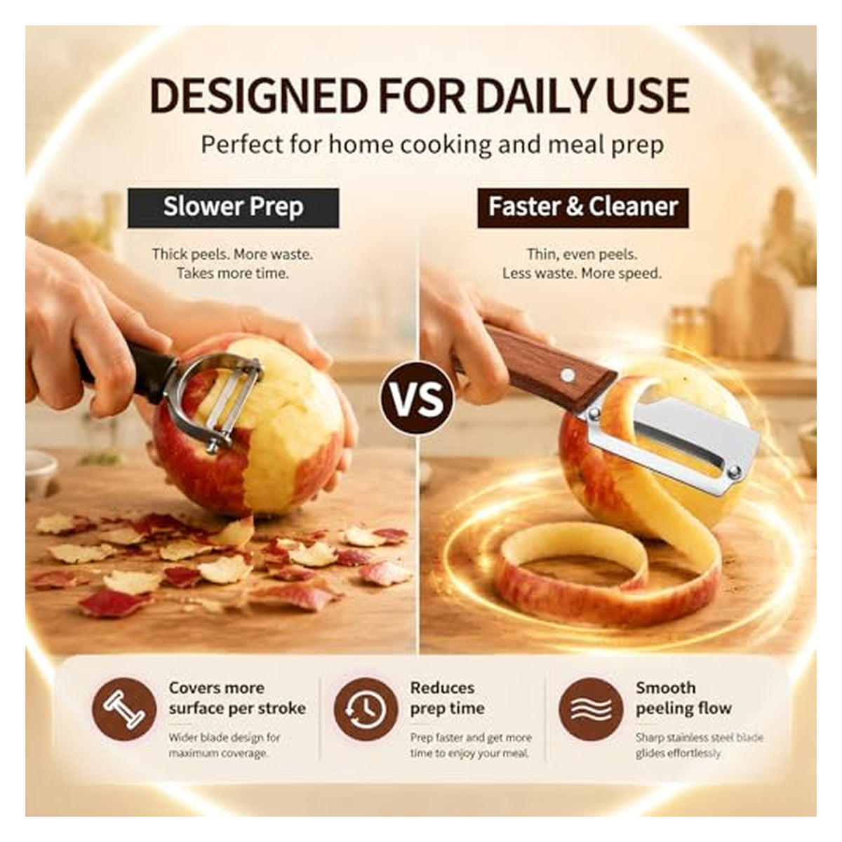 Comparison infographic titled 'Designed for Daily Use' showing two peelers on apples. Left 'Slower Prep' panel shows thick, wasteful peels; right 'Faster & Cleaner' panel shows a wide-blade peeler with wooden handle creating thin, even peels. Three callouts below: Covers more surface per stroke, Reduces prep time, Smooth peeling flow.