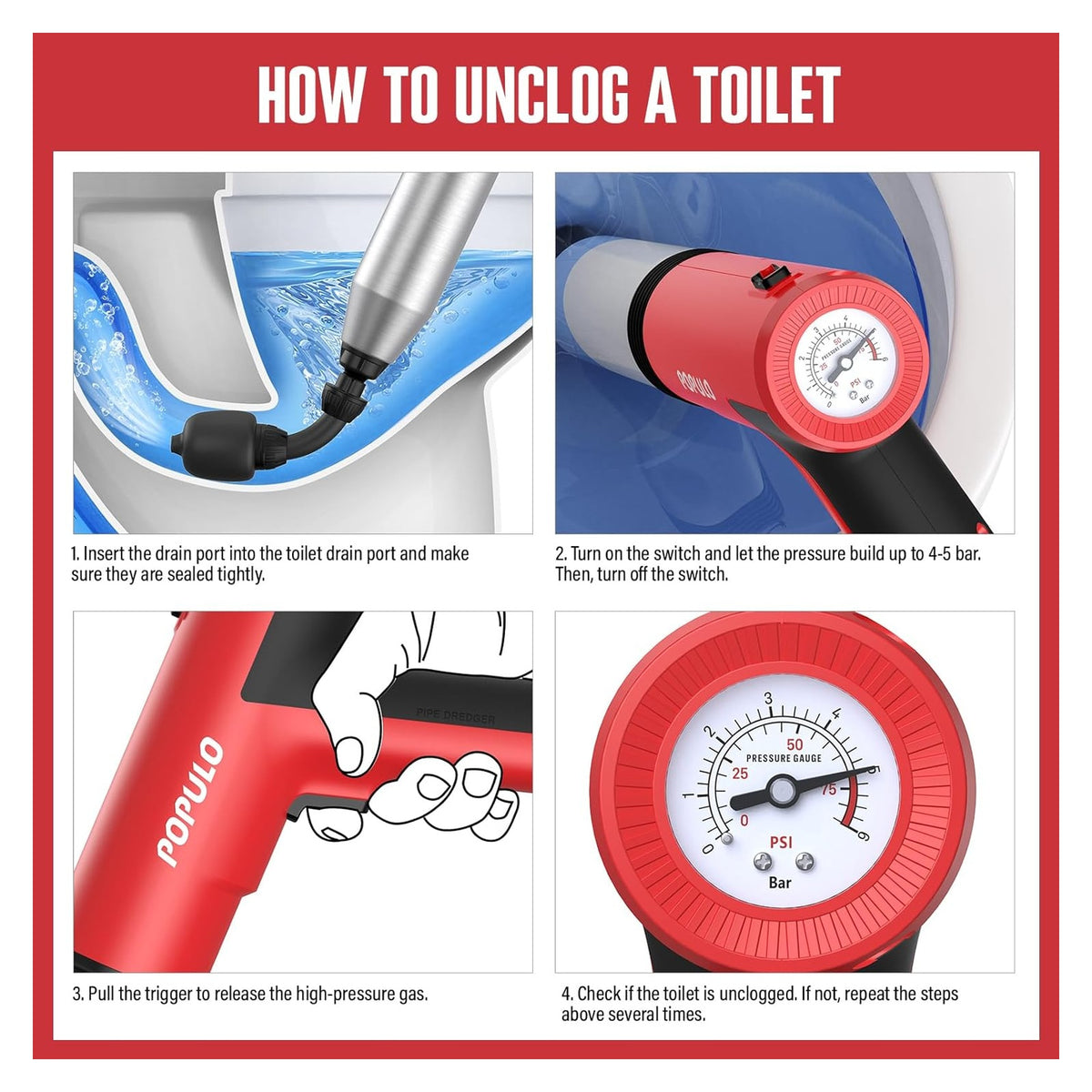 POPULO Electric Toilet Plunger, 5 Bar Air Clog Remover with Built-In Pump original product photo