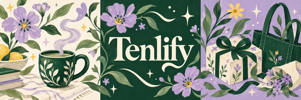 Tenlify hand-painted illustration: floral cup, forest-green brand lettering and lilac gift scene