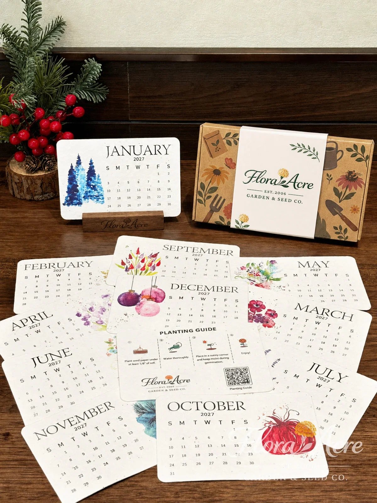 2027 plantable calendar monthly cards with wooden stand and botanical gift box