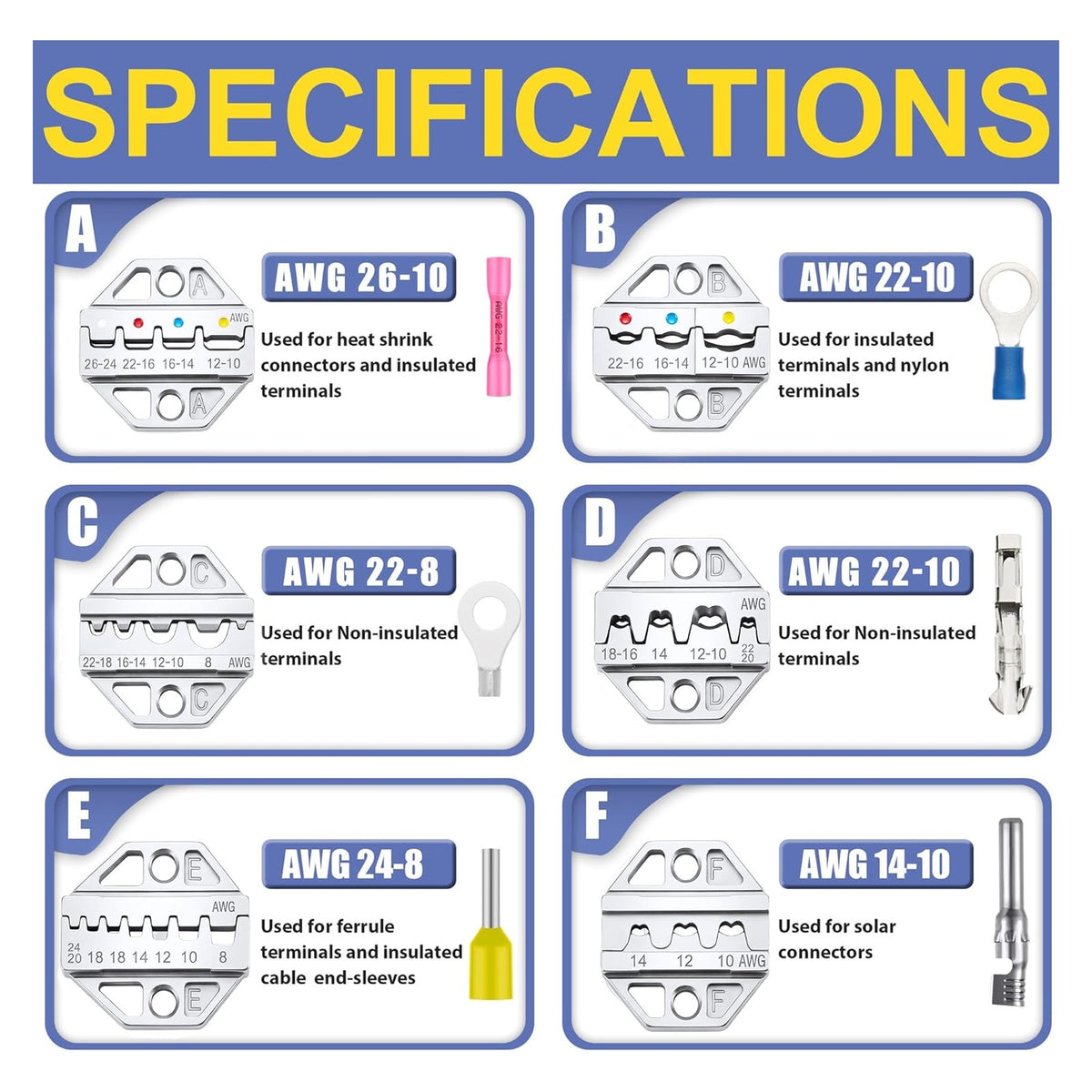 haisstronica 6PCS Crimping Tool Set, Interchangeable Terminal Dies original product photo