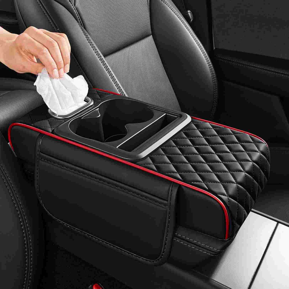 4-in-1 Car Armrest Storage Box Pad with Dual Cup Holders & Tissue Organizer