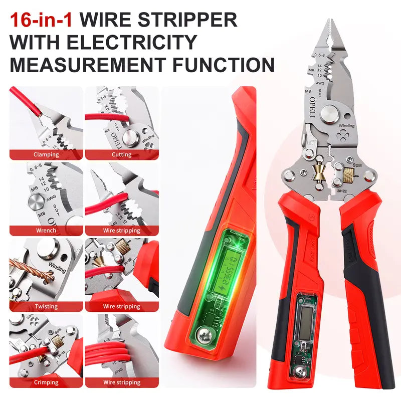 16-in-1 Multi-Functional Wire Stripper Pliers with Non-Contact Voltage Tester