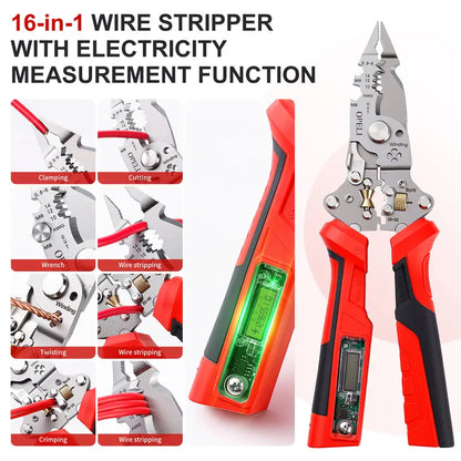 16-in-1 Multi-Functional Wire Stripper Pliers with Non-Contact Voltage Tester