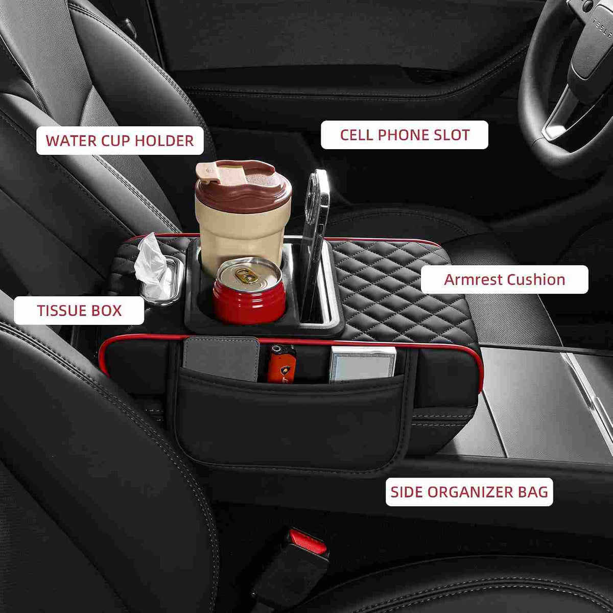 4-in-1 Car Armrest Storage Box Pad with Dual Cup Holders & Tissue Organizer