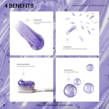 Instant Brightness With Upgraded Purple Formula and Probiotic Toothpaste