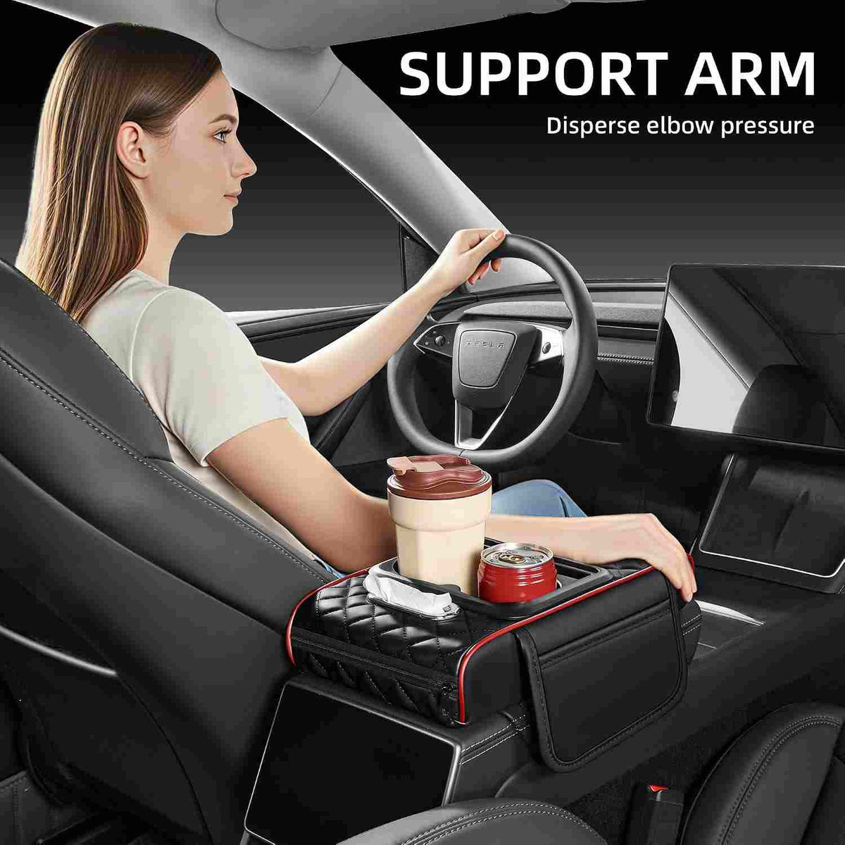 4-in-1 Car Armrest Storage Box Pad with Dual Cup Holders & Tissue Organizer