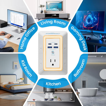 9-in-1 Multi-Plug Outlet Extender with 4 USB Ports & Smart Night Light