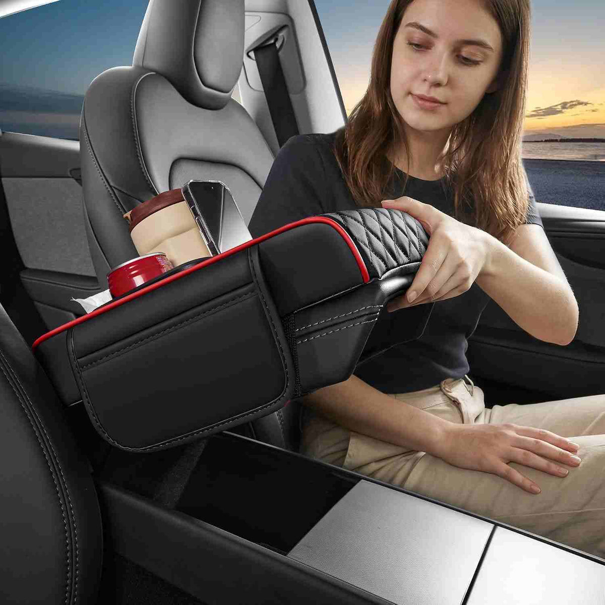 4-in-1 Car Armrest Storage Box Pad with Dual Cup Holders & Tissue Organizer