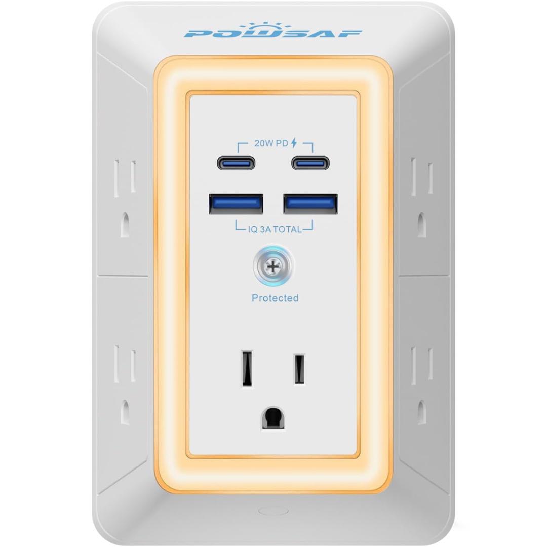 9-in-1 Multi-Plug Outlet Extender with 4 USB Ports & Smart Night Light