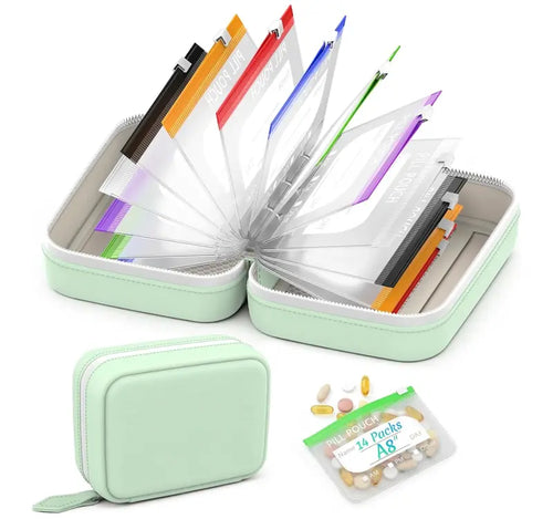 A8 Waterproof Weekly Pill Organizer & Color-Coded Pouch Set