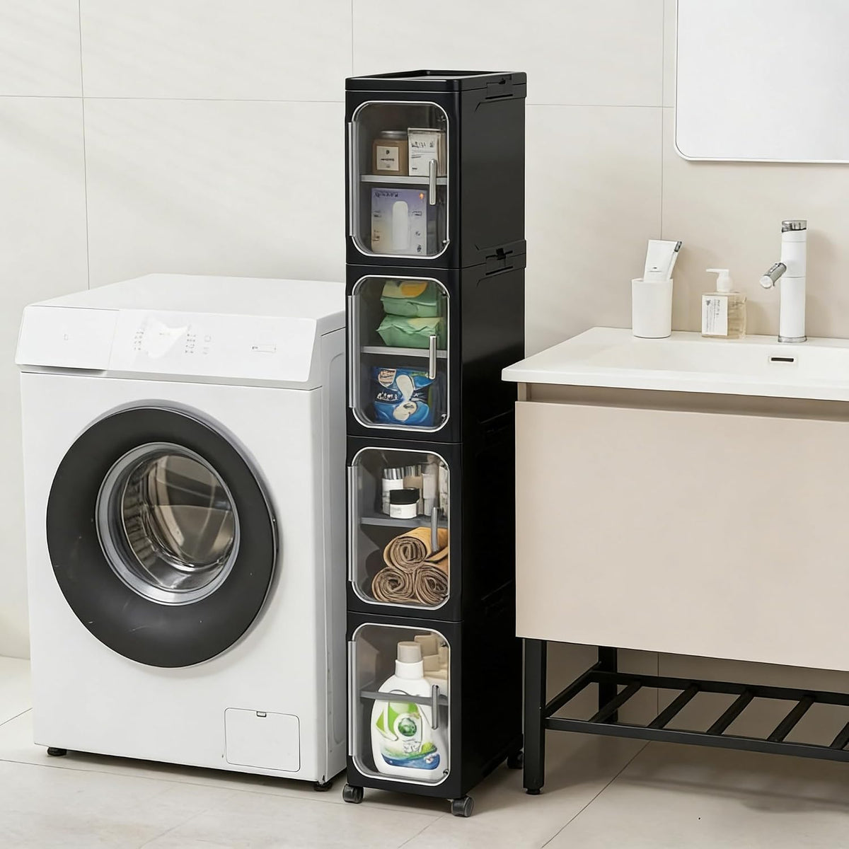 Slim Rolling Bathroom Cabinet with Clear Doors