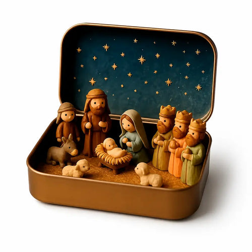 Portable Hand-Painted Mini Nativity Scene Set with Storage Box