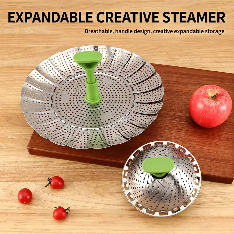 Universal Foldable Stainless Steel Vegetable Steamer Basket with Extendable Handle
