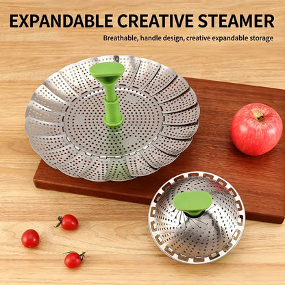 Universal Foldable Stainless Steel Vegetable Steamer Basket with Extendable Handle