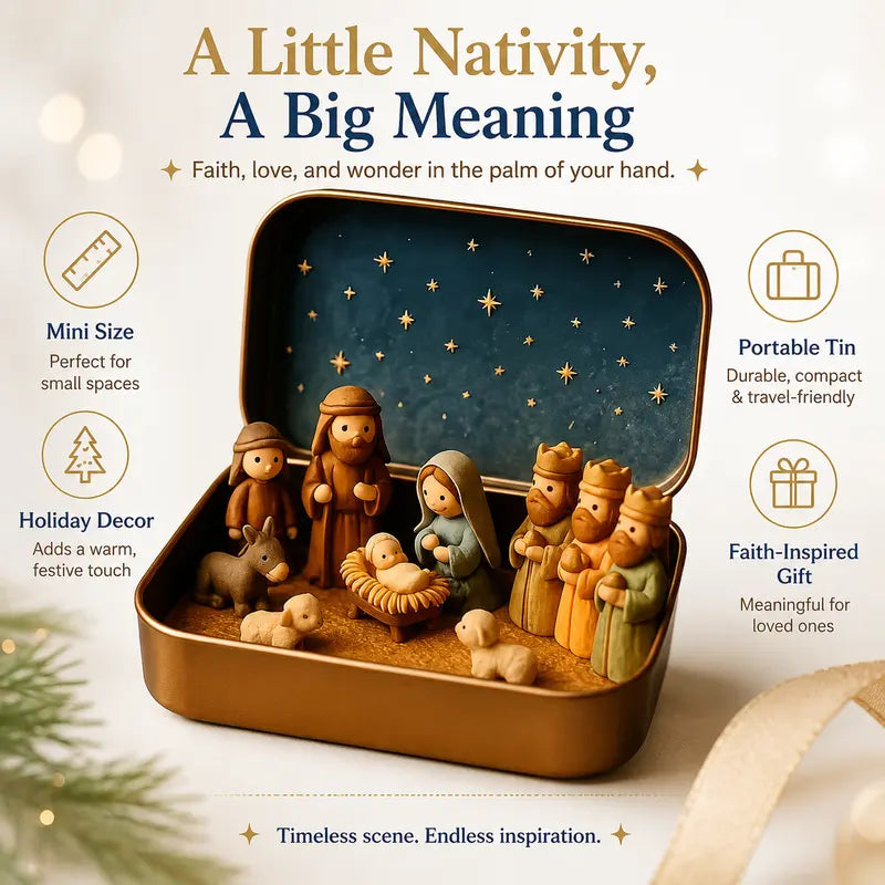 Portable Hand-Painted Mini Nativity Scene Set with Storage Box