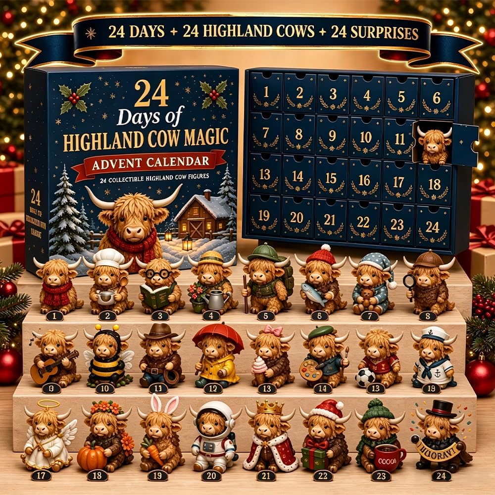 24-Day Highland Cow Christmas Advent Calendar & Collectible Toy Gift Set