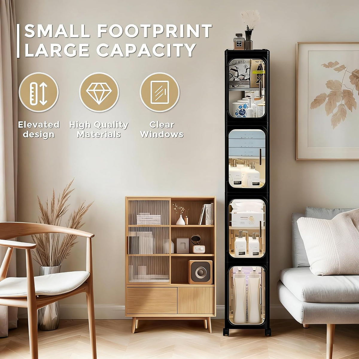 Slim Rolling Bathroom Cabinet with Clear Doors