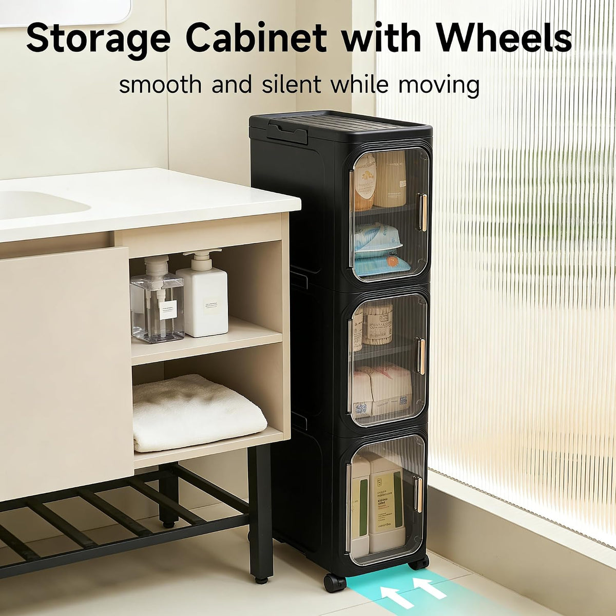 Slim Rolling Bathroom Cabinet with Clear Doors