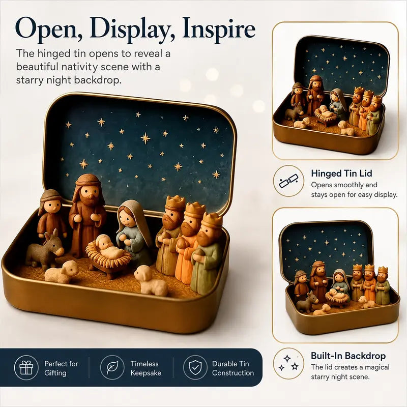 Portable Hand-Painted Mini Nativity Scene Set with Storage Box