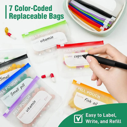 A8 Waterproof Weekly Pill Organizer & Color-Coded Pouch Set