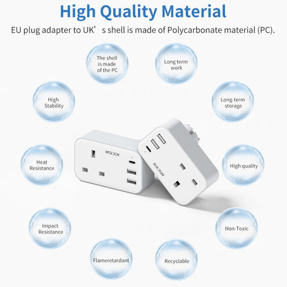 UK To European Travel Plug Adapter With USB-C