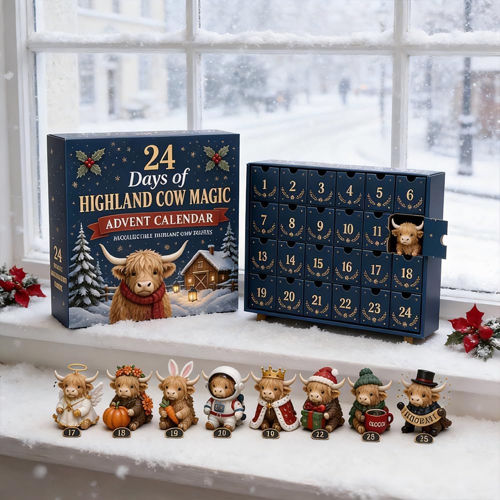 24-Day Highland Cow Christmas Advent Calendar & Collectible Toy Gift Set