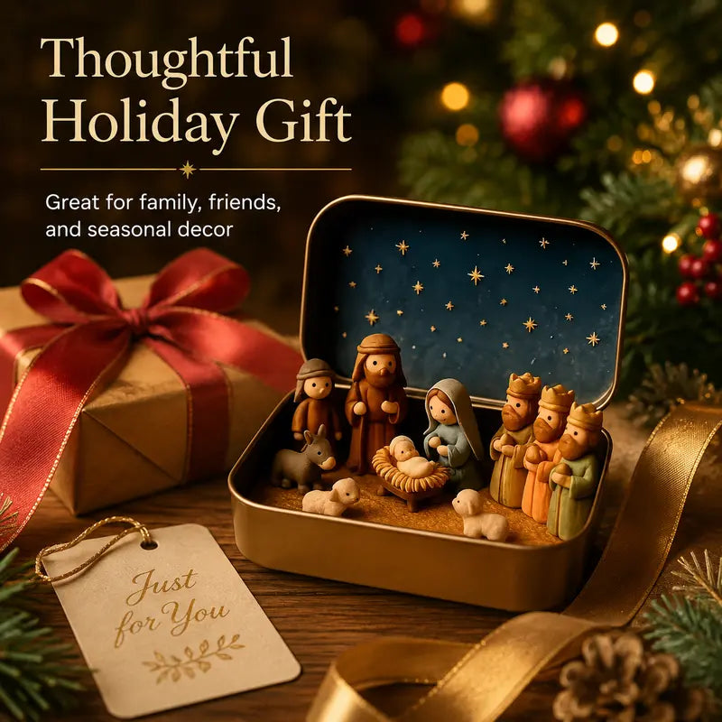 Portable Hand-Painted Mini Nativity Scene Set with Storage Box
