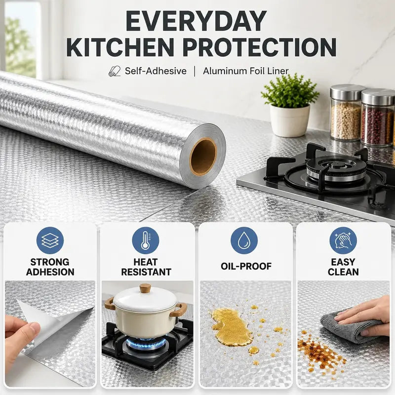 Heavy-Duty Peel-and-Stick Aluminum Foil Wallpaper for Oil-Proof & Heat-Resistant Kitchen Backsplash Protection