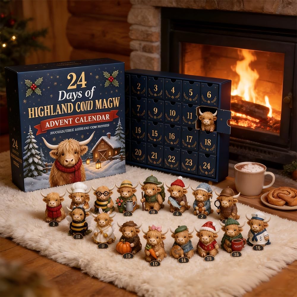 24-Day Highland Cow Christmas Advent Calendar & Collectible Toy Gift Set