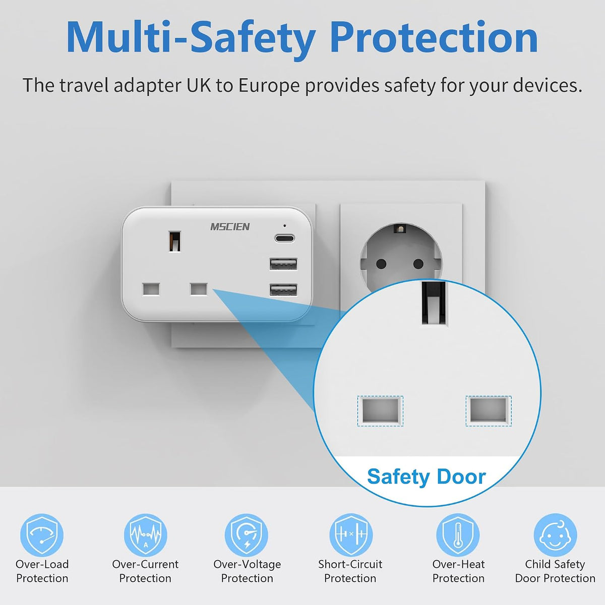 UK To European Travel Plug Adapter With USB-C