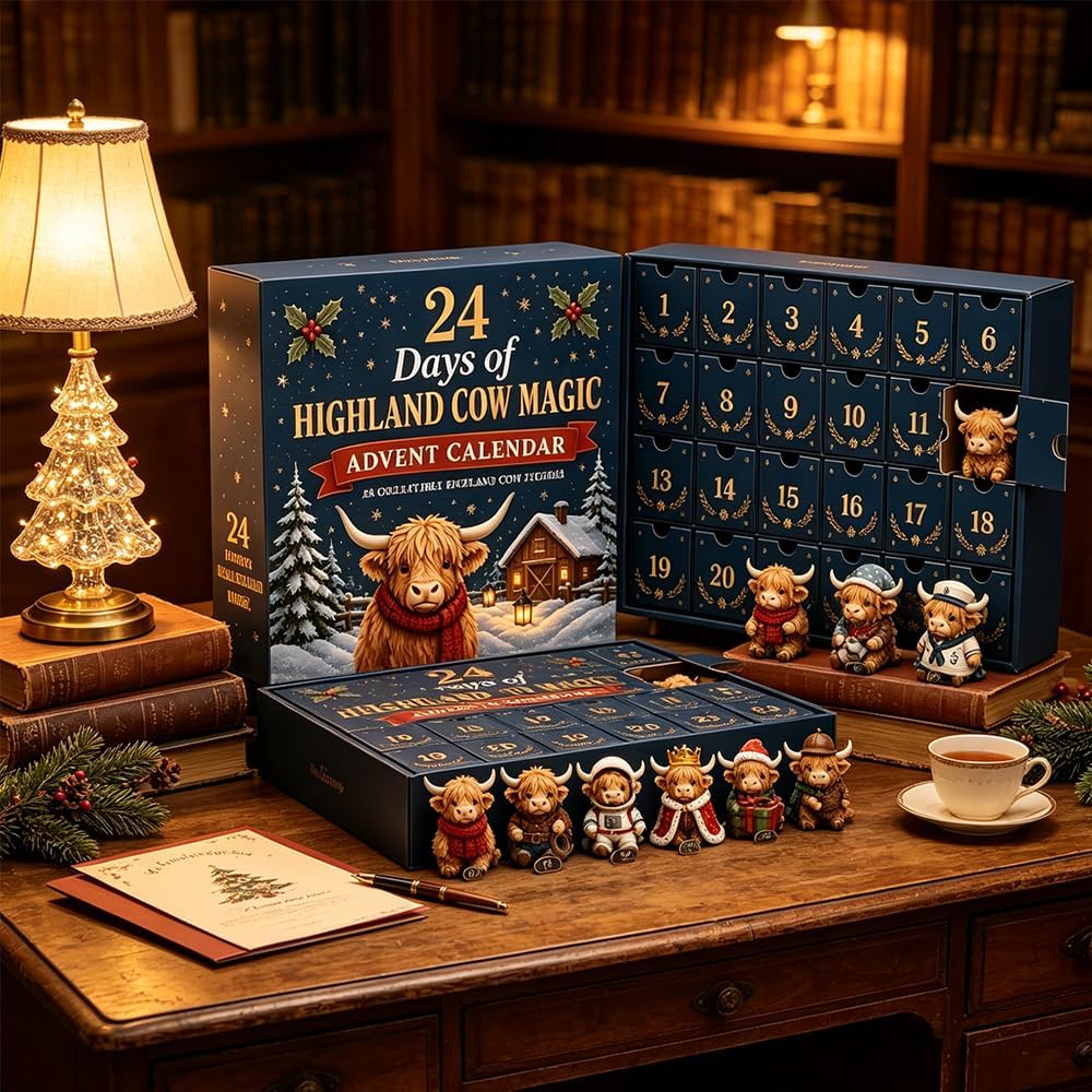 24-Day Highland Cow Christmas Advent Calendar & Collectible Toy Gift Set