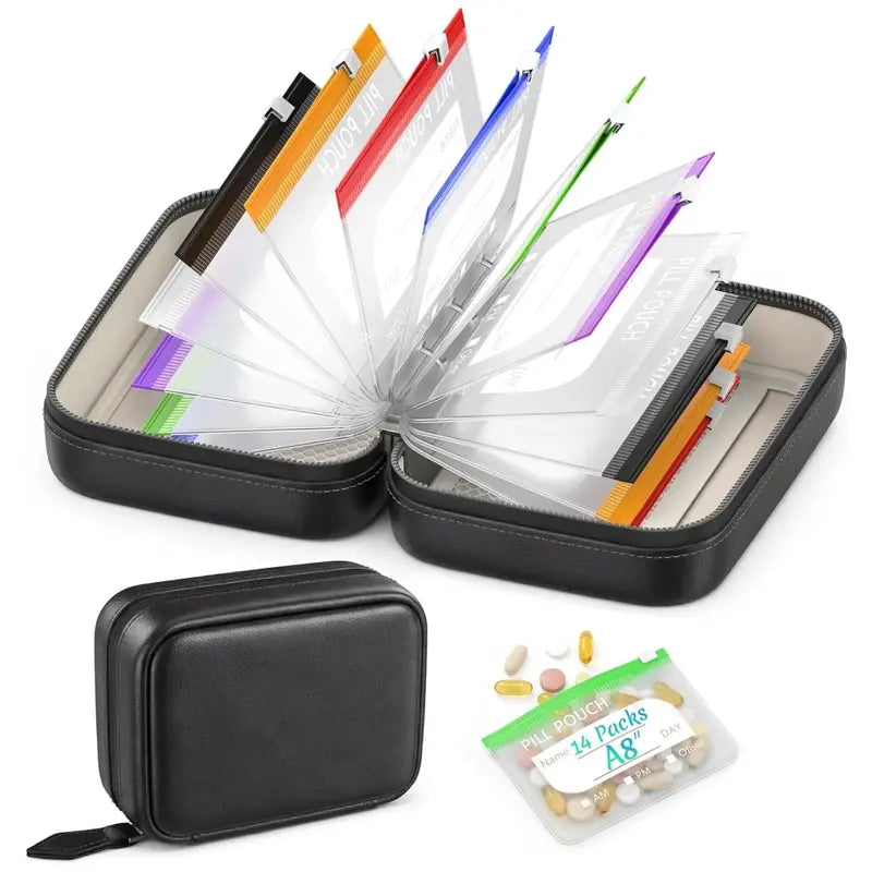 A8 Waterproof Weekly Pill Organizer & Color-Coded Pouch Set