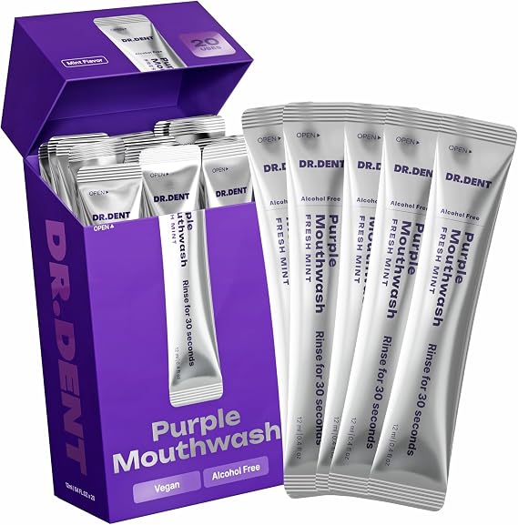 Purple Teeth Whitening Mouthwash Packets - Instant Yellow Neutralizing & Long-Lasting Fresh Breath