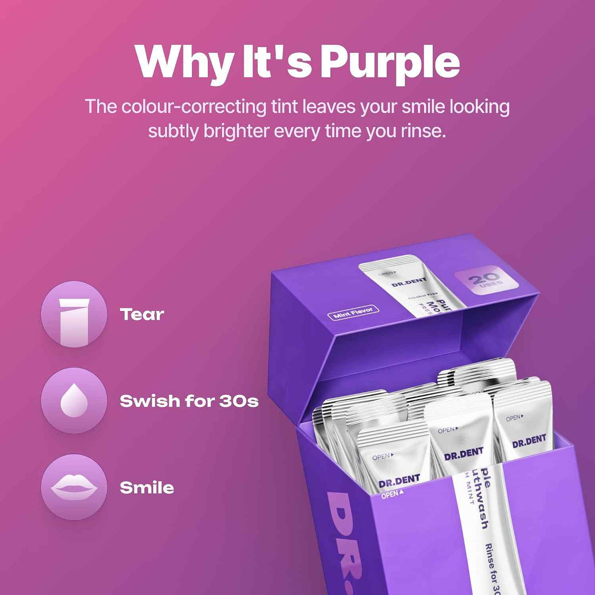 Purple Teeth Whitening Mouthwash Packets - Instant Yellow Neutralizing & Long-Lasting Fresh Breath