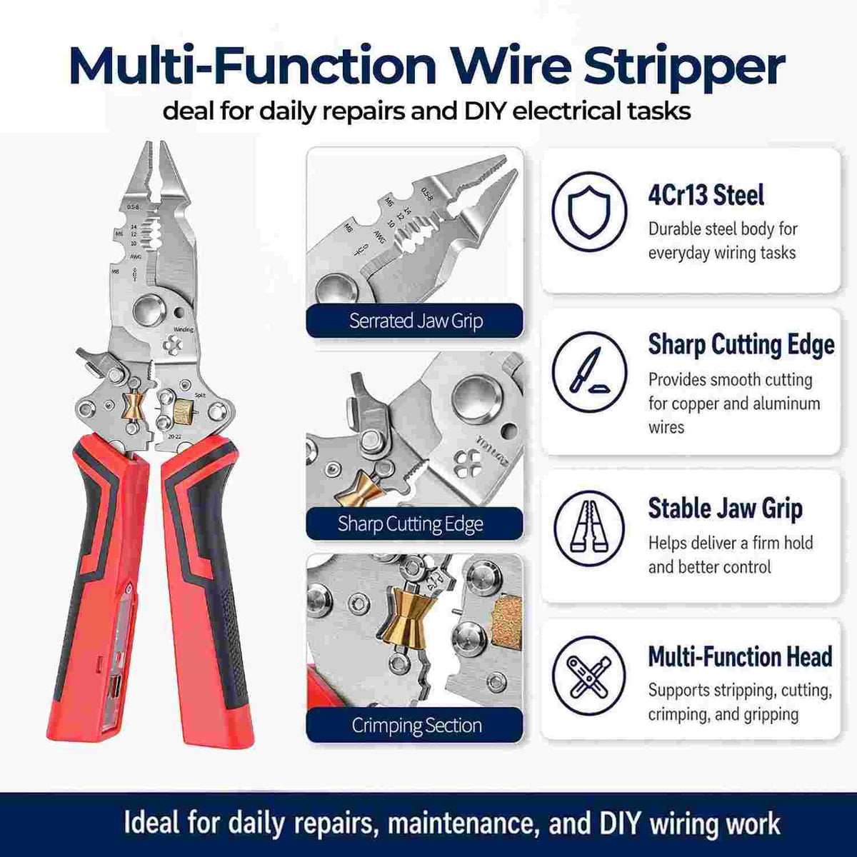 16-in-1 Foldable Wire Stripper with Integrated Voltage Tester & Precision Cutter | 2 Pack per Set