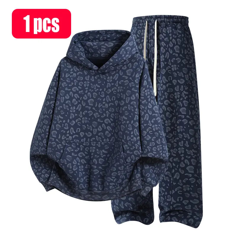 ZUY Leopard Hoodie & Wide-Leg Pants Set – Dark blue