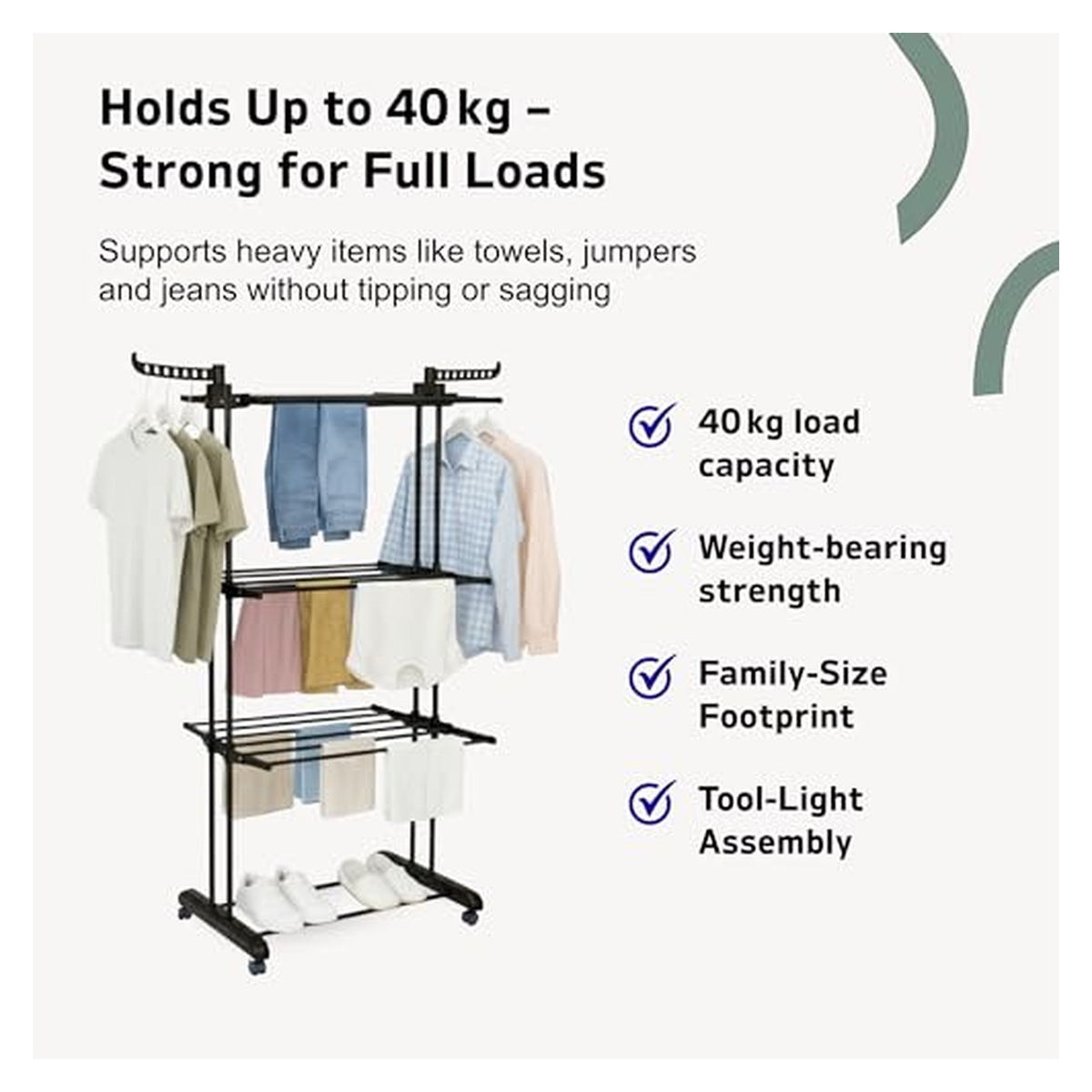 Straame 4-Tier Winged Clothes Airer with Wheels - Black