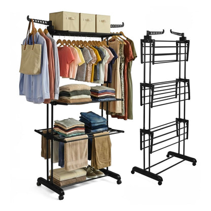 Straame 4-Tier Winged Clothes Airer with Wheels - Black